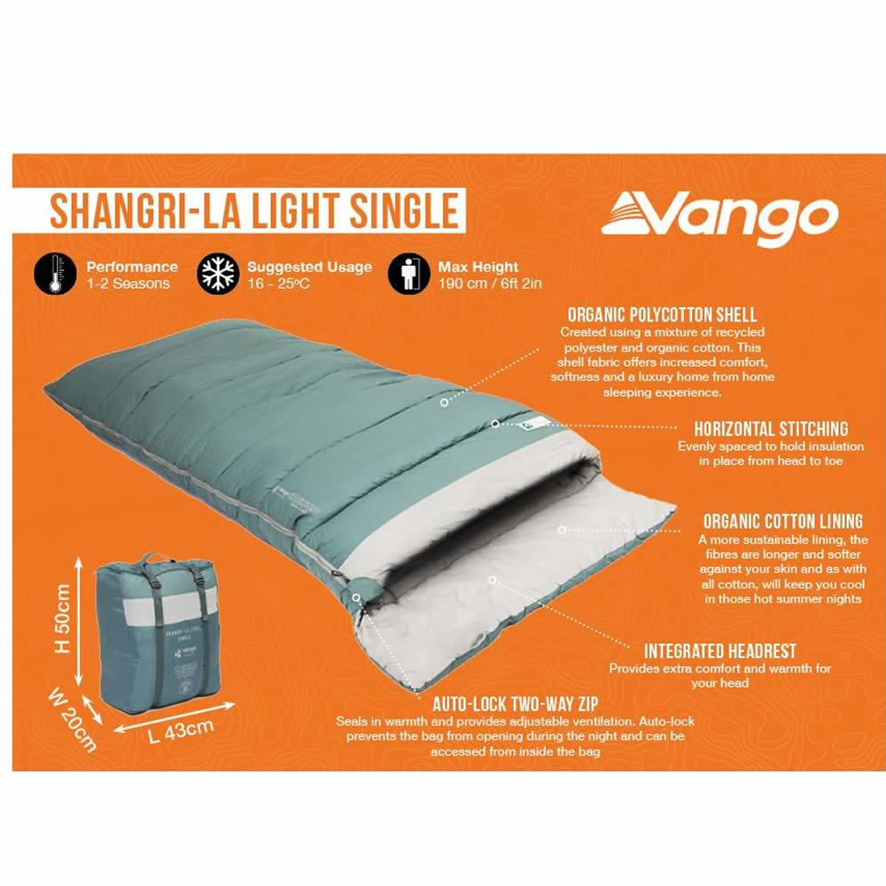 Buy Vango Shangri La Light Single Sleeping Bag Free Delivery Cotton Bag with Large Wide Sizing